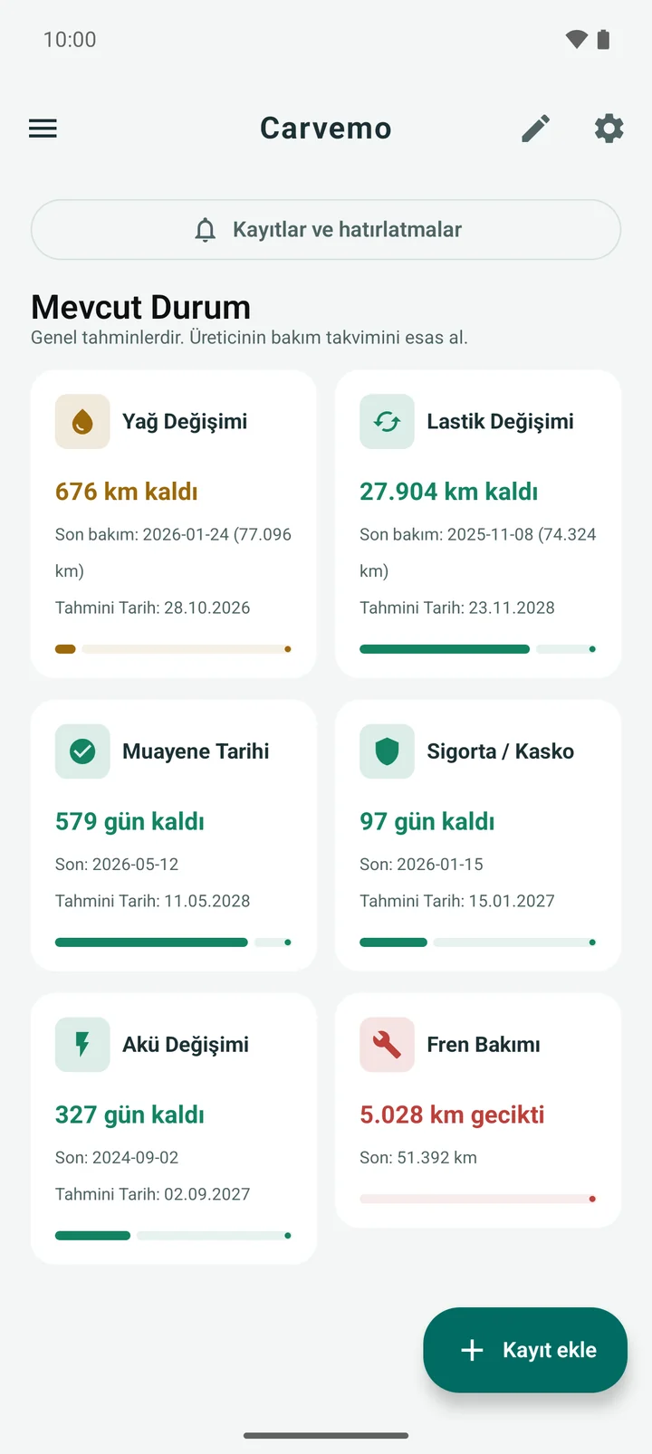 Bakım durumu kartları: yağ değişimi, lastik, muayene, sigorta, akü ve fren