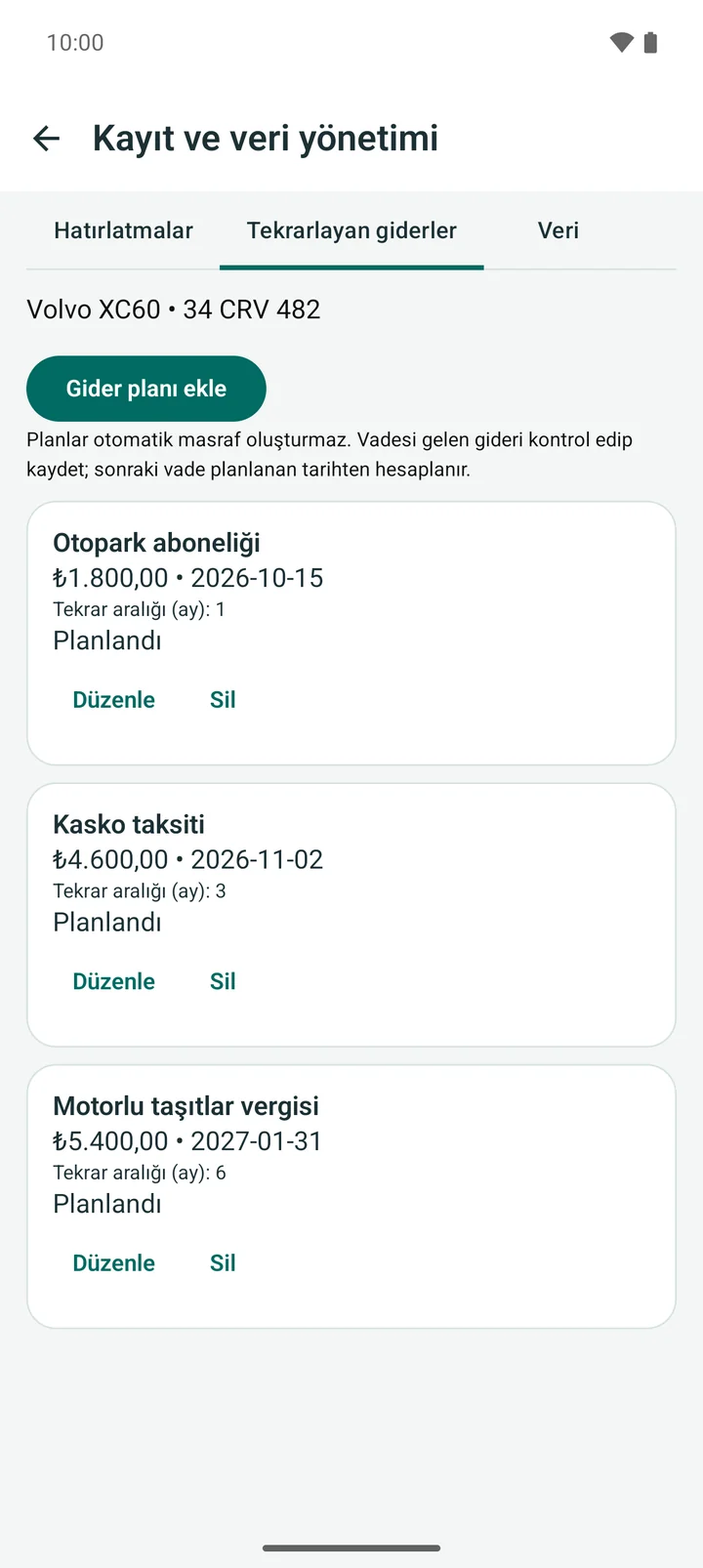 Tekrarlayan giderler listesi